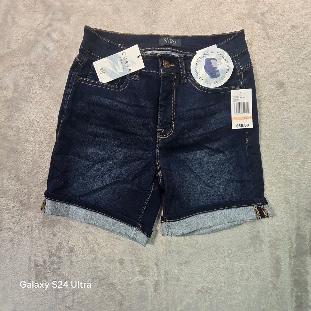 Curve Appeal Tummy Tucking Denim Shorts Dark Wash Cuffed Size 2 London